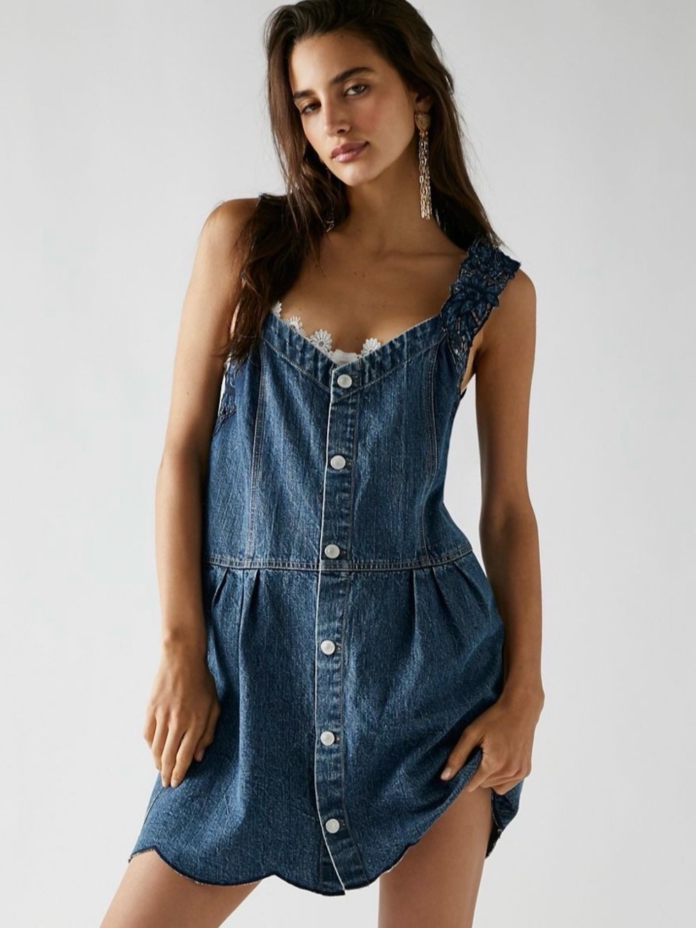 We The Free Embroidered Denim Button-Front Mini Dress